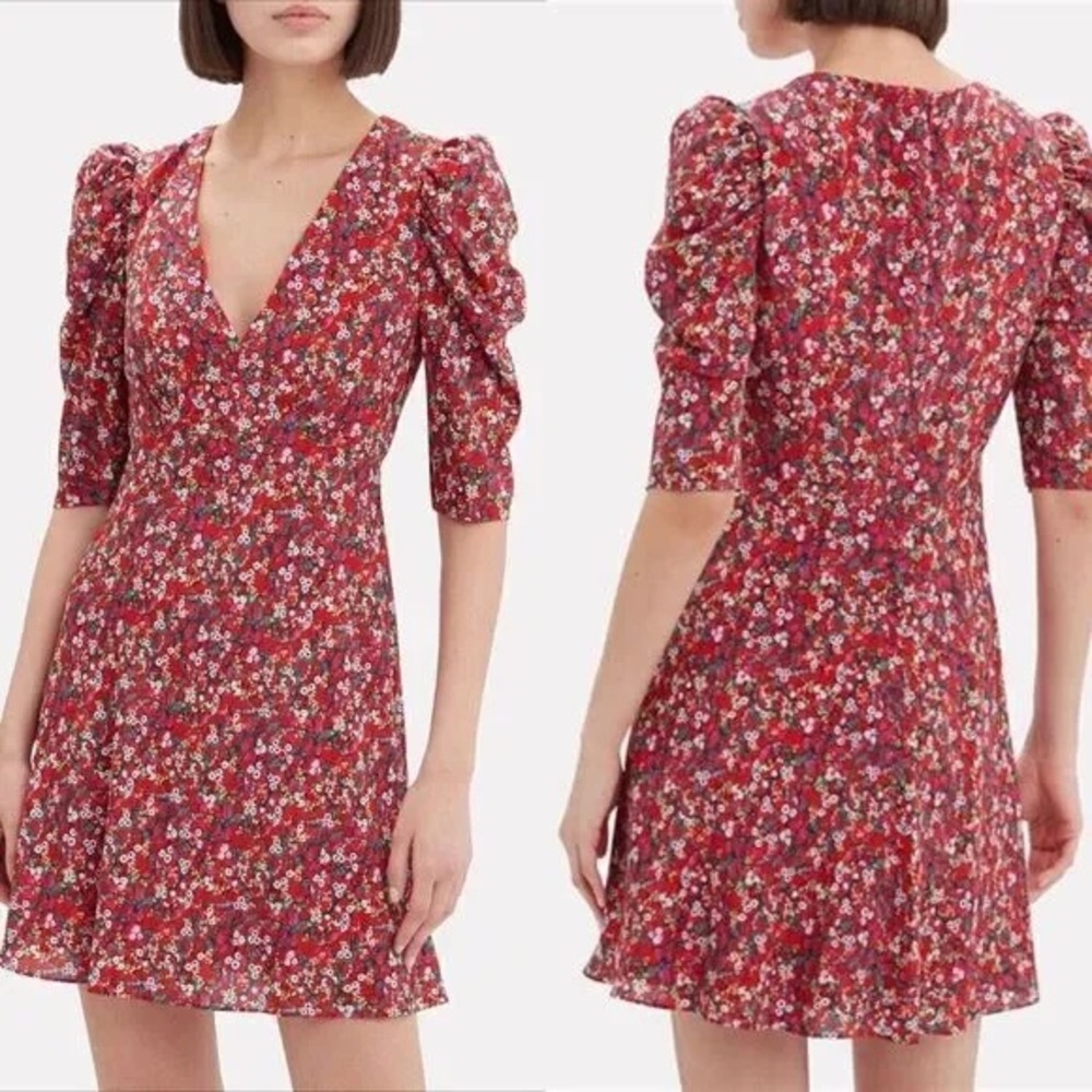 SALONI Silk Red Floral Puff Sleeve Mini Dress